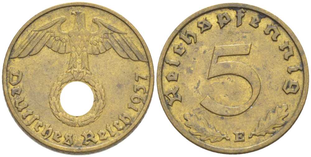 ГЕРМАНИЯ 5 РЕЙХСПФЕННИГОВ 1937 E КМ 91,  J. 363 алюминиевая бронза 211-616