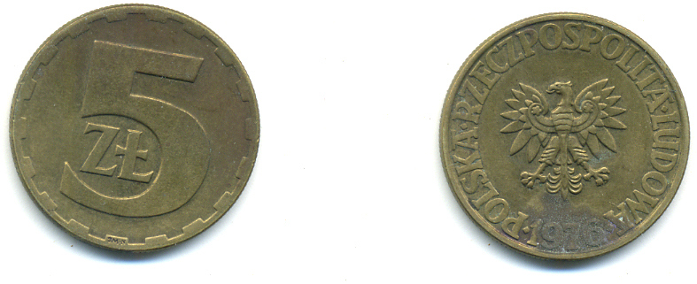 Польша 5 злотых 1976 монетный двор Ленинград (ЛМД) KM 81.1, Parchimowicz 221b латунь 83-256