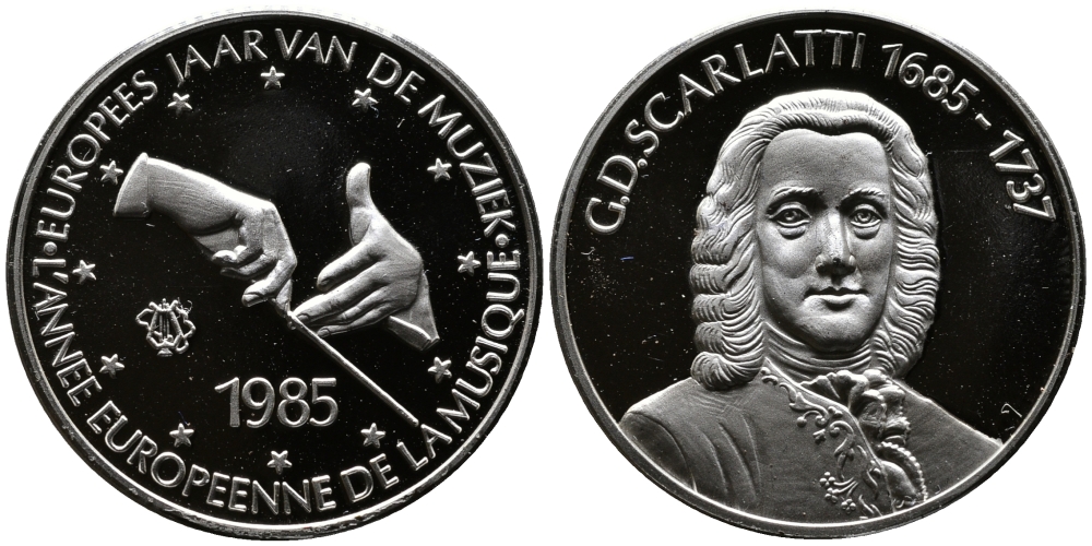 БЕЛЬГИЯ МЕДАЛЬ 1985 МЕЖДУНАРОДНЫЙ ГОД МУЗЫКИ, ДЖУЗЕППЕ ДОМИНИКО СКАРЛАТТИ (1685-1737), ДИАМЕТР 30 ММ., ВЕС 12 ГР. серебро PROOF 00-000-00