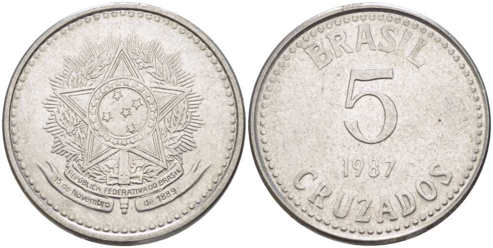 Бразилия 5 крузадо 1987 реформа (1986-1989) KM 606 нержавеющая сталь 31-1253