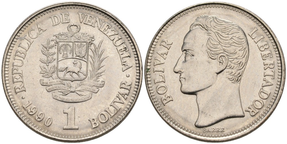 Венесуэла 1 боливар 1990 Симон Боливар KM 52а.2 сталь плакированная никелем 87-213