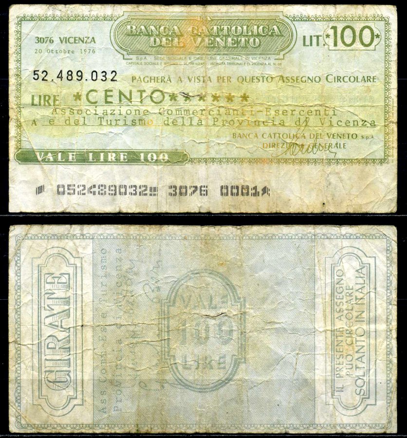 Италия чек на 100 лир 1976 20 октября 1976, Banco Catolica del Veneto бумага 00-00