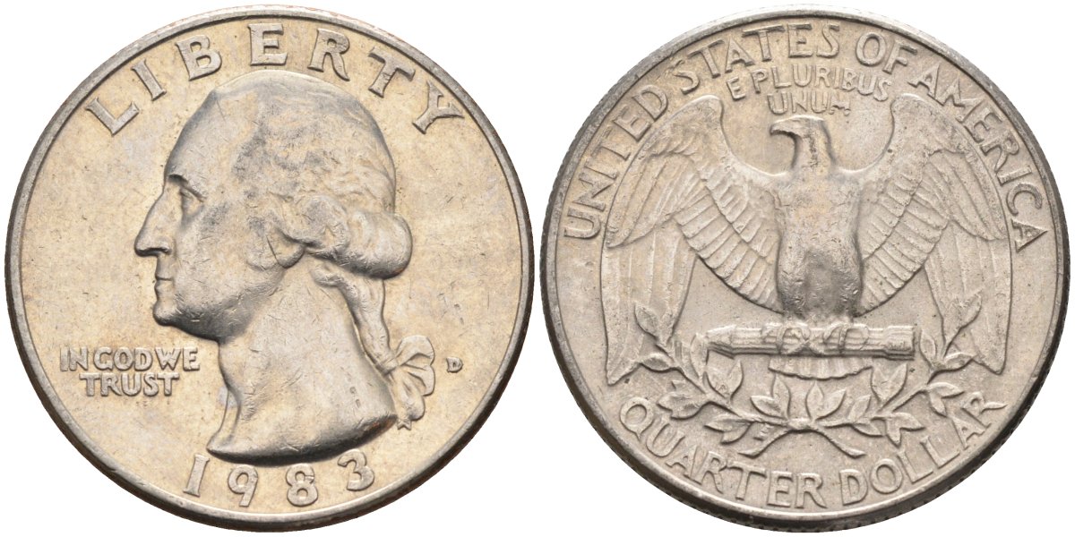США 25 центов = квотер 1983 D, Вашингтон KM A164a медь плакированная медно-никелем 4584-1154