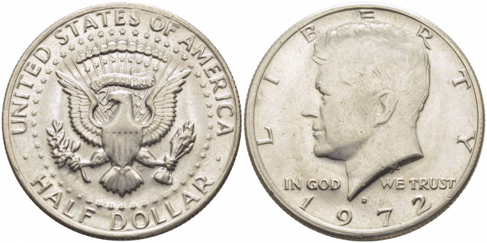 США 1/2 доллара (50 центов) 1972 d, Джон Кеннеди KM 202b медь плакированная медно-никелем UNC 109-741