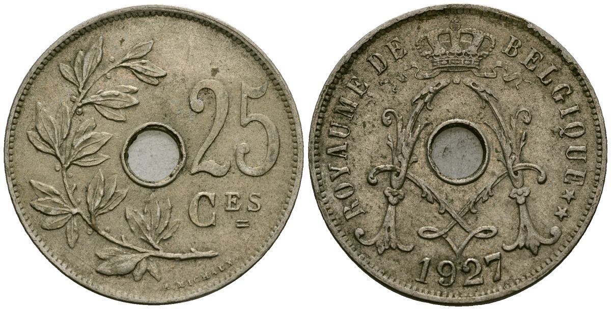 Бельгия 25 сантимов 1927 Belgique KM 68 медно-никель 4165-532