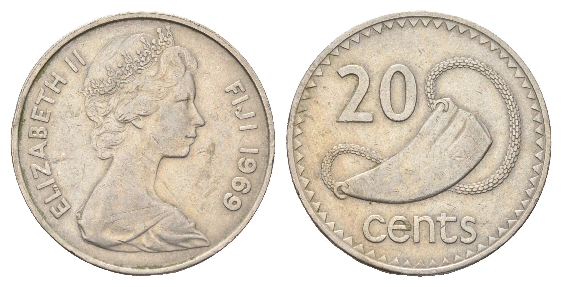 Фиджи 20 центов 1969 Елизавета II (1952-2022), китовый зуб KM 31 медно-никель 4667-536