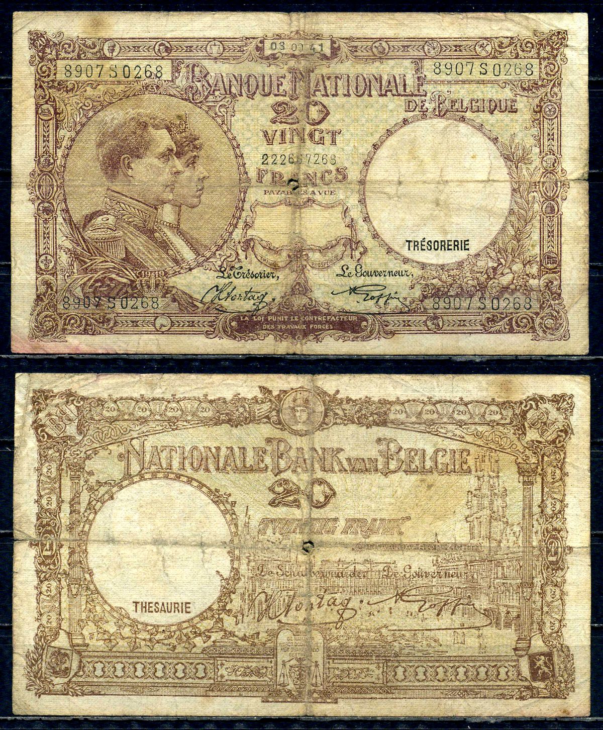 Бельгия 20 франков 1941 03.09.1941, Король Альберт I и его жена Королева Елизавета, Гран-Плас / Гроте Маркт, Брюссель Pick 111 (2) бумага 6301-29-2-2