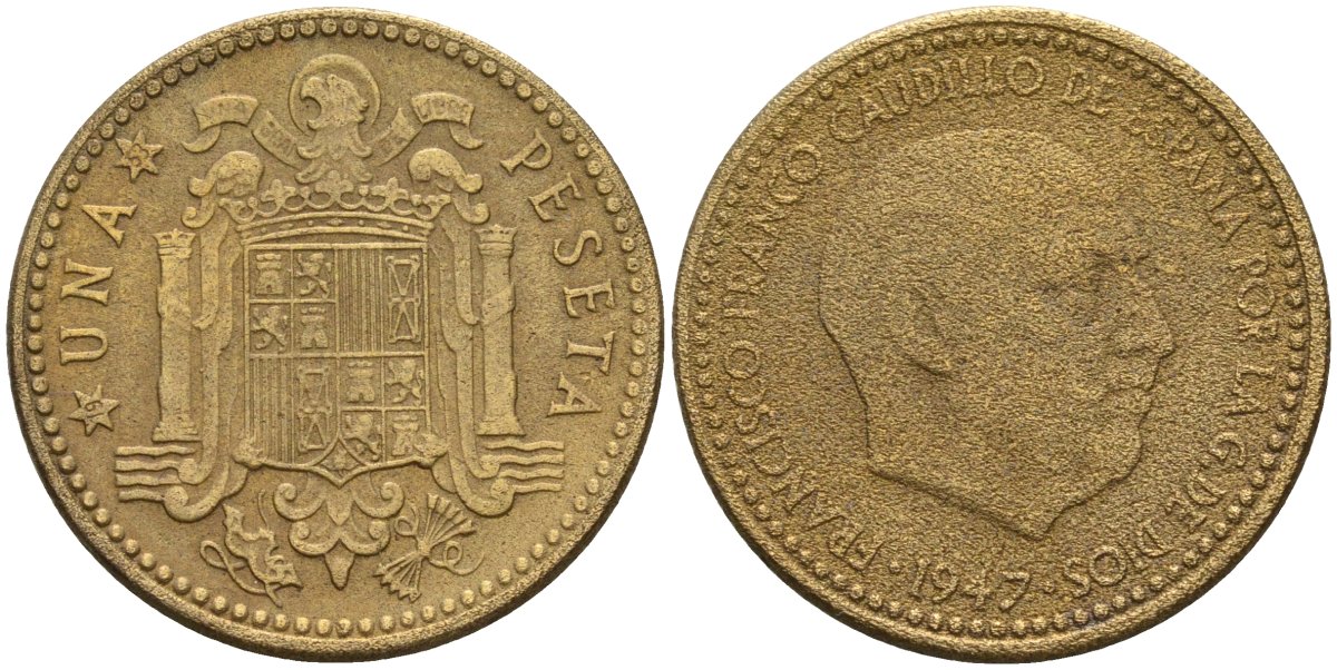 Испания 1 песета 1947 (53) Франсиско Франко (1939-1975) KM 775 алюминиевая бронза 3336-114