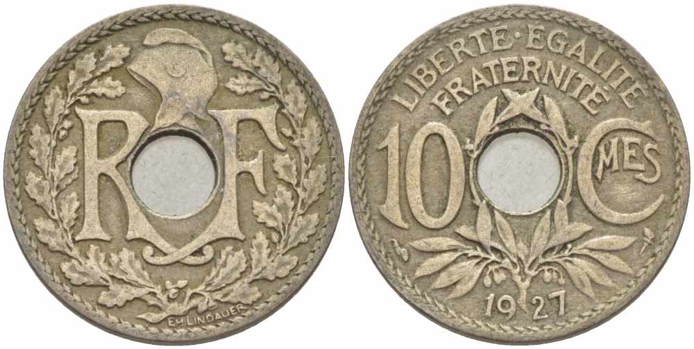 ФРАНЦИЯ 10 САНТИМОВ 1927 ТИП ЛИНДАЙЁ KM 866а, LE FRANC 138.14 медно-никель 108-155