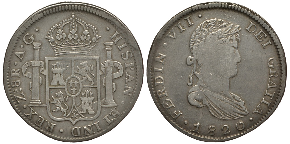 Мексика, Сакатекас 8 реалов 1820 AG, Фердинанд VII, война за независимость KM 111.5 серебро 00-811-39