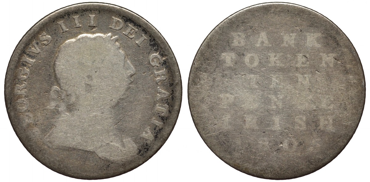 ИРЛАНДИЯ 10 ПЕНСОВ 1805 БАНК ИРЛАНДИИ, БАНКОВСКИЙ ТОКЕН, ГЕОРГ III KM Tn3 серебро 1524-1325