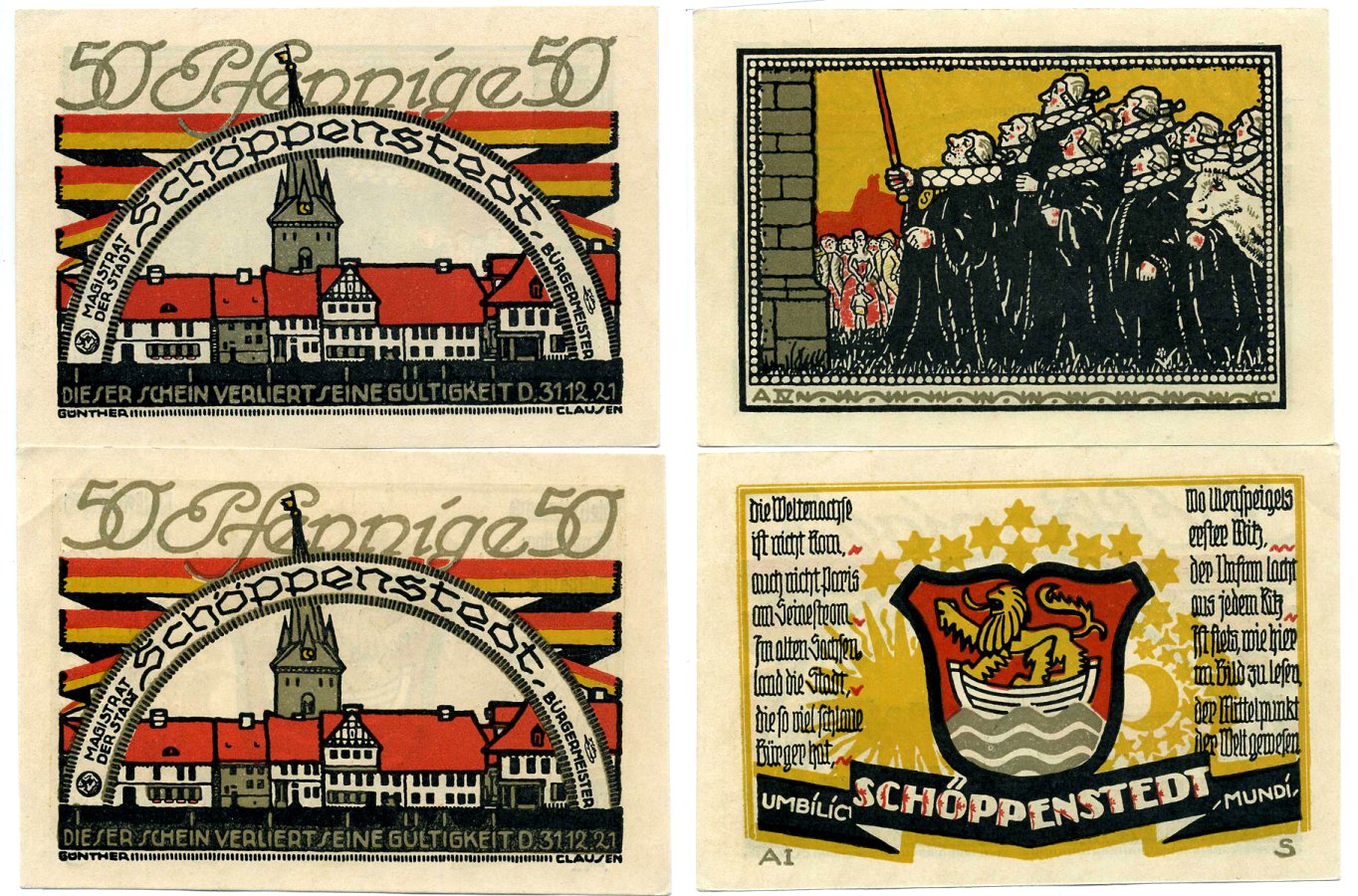 Шёппенштедт лот из 2 банкнот по 50 пфеннигов 1921 31 декабря 1921, нотгельд (номер А1, АIV), земля Нижняя Саксония Grabowski 1199.1а бумага 2195-27-1-2