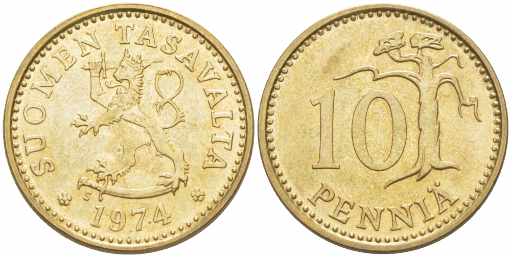 ФИНЛЯНДИЯ 10 ПЕННИ 1974 S KM 46 алюминиевая бронза UNC 3718-129