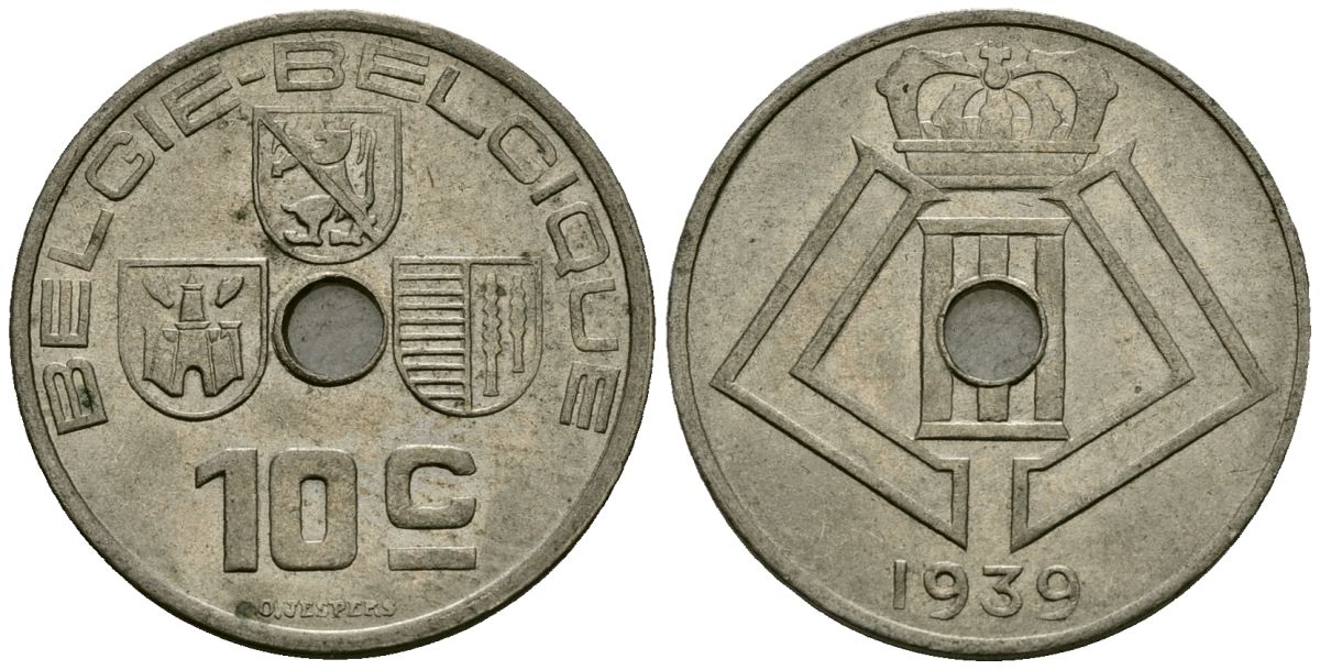 Бельгия 10 сантимов 1939 Belgie - Belgique KM 113 никель латунь 4121-624