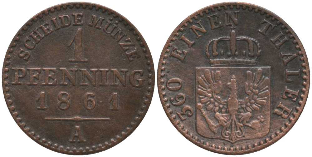 ПРУССИЯ 1 ПФЕННИГ 1861 А, ВИЛЬГЕЛЬМ I (1861-1888) KM 480 медь 116-647
