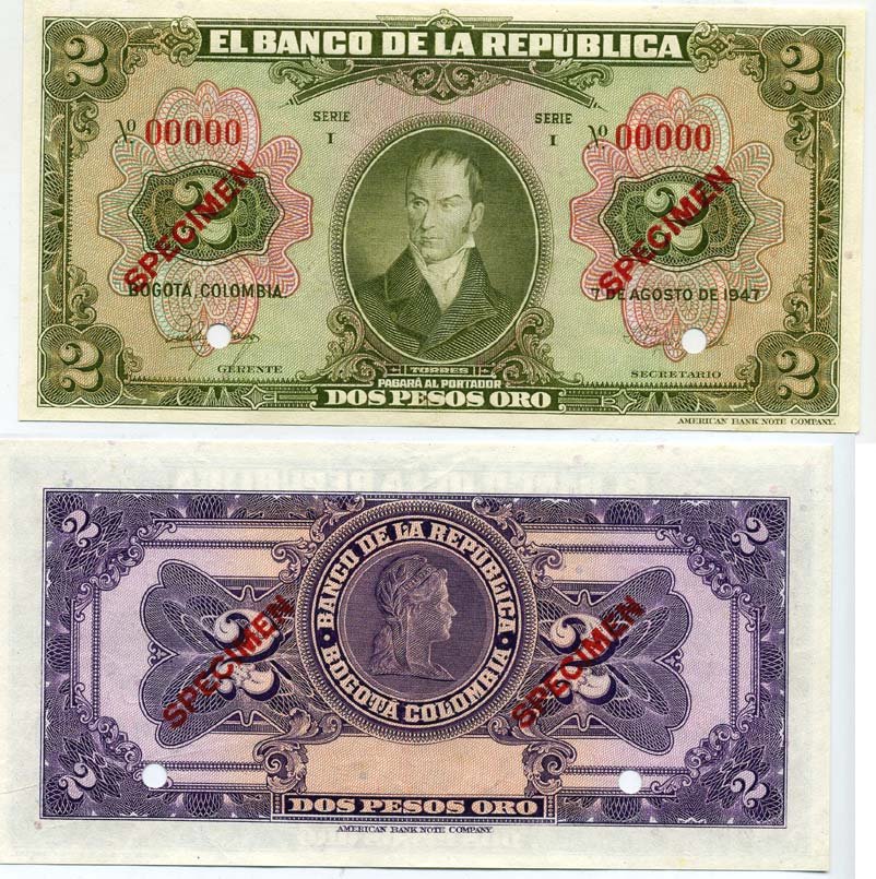 Колумбия 2 песо 1947 Камило Торрес Тенорио, серия I, образец, Specimen Pick 390s бумага 00-00