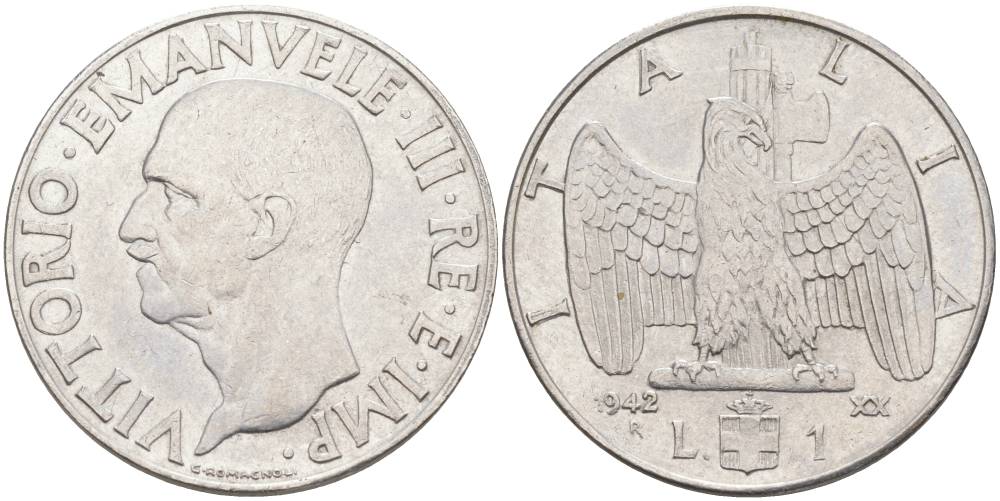 ИТАЛИЯ 1 ЛИРА 1942 R, ГОД XX, ВИКТОР ЭММАНУИЛ III (1900-1946) KM 77b, VEM3. 1102 нержавеющая сталь 3855-441