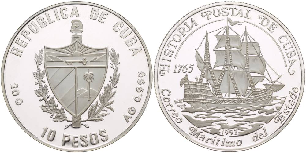 Куба 10 песо 1992 история почты Кубы, испанский галеон, парусник Correo Maritimo del Estado KM 341 серебро PROOF 11-085-44