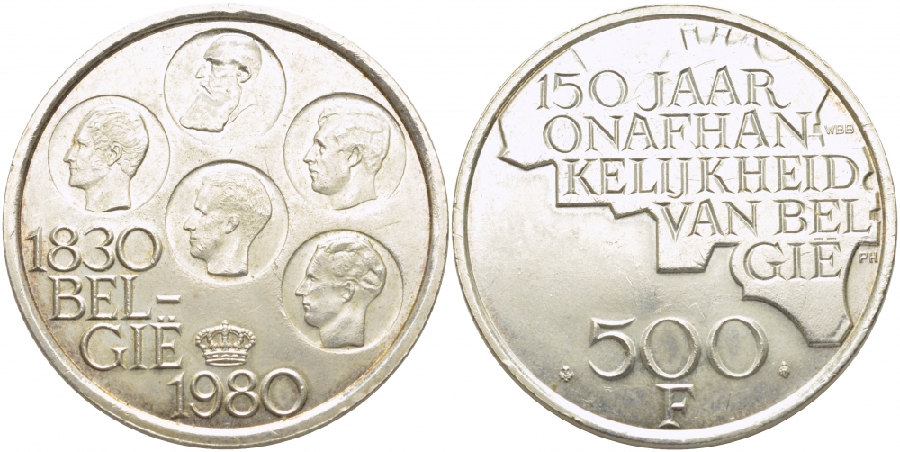 Бельгия 500 франков 1980 150 лет независимости, Belgie, Бодуэн I (1951-1993) KM 162 медно-никель покрытый серебром 107-221