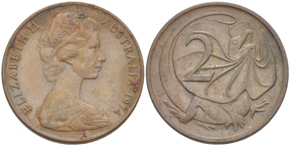 АВСТРАЛИЯ 2 ЦЕНТА 1974 ЕЛИЗАВЕТА II, МОЛОДОЙ ПОРТРЕТ, ПЛАЩЕНОСНАЯ ЯЩЕРИЦА (FRILLED LIZARD) KM 63 бронза 3457-631