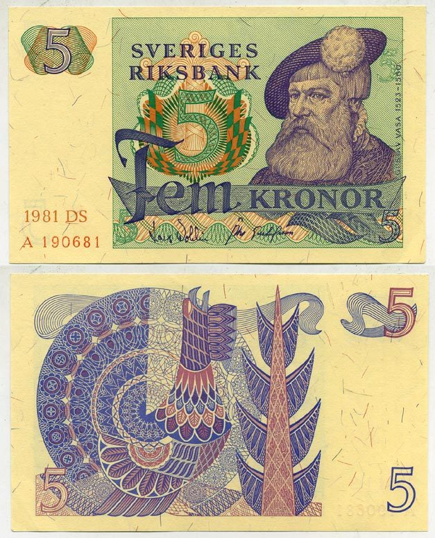 Швеция 5 крон 1981 DS, Густав I Ваза Pick 51d бумага aUNC 444-25-1