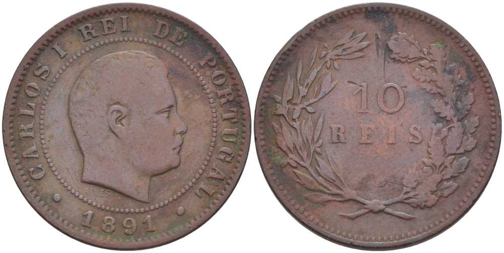ПОРТУГАЛИЯ 10 РЕЙС 1891 КАРЛУШ I (1889-1908) KM 532 бронза 98-325