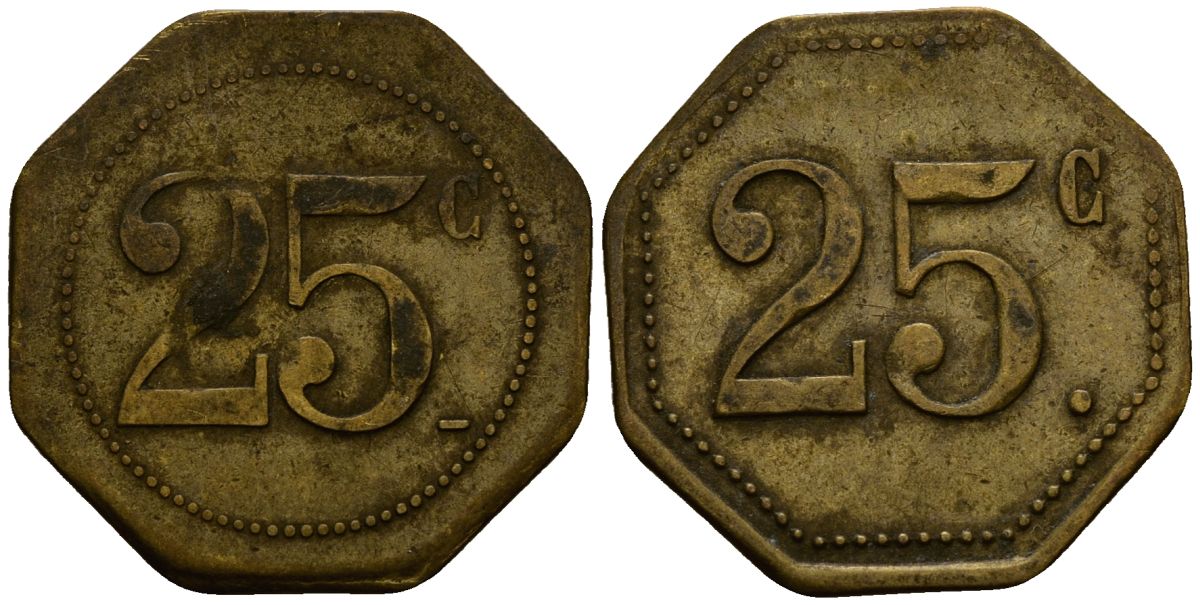 Франция 25 сантимов XIX-XX век ресторанный жетон латунь 4166-527