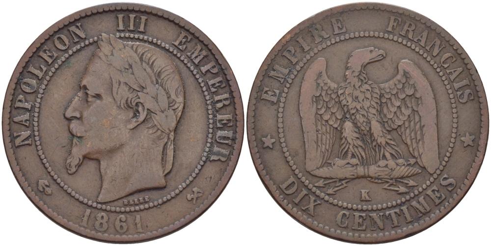 ФРАНЦИЯ 10 САНТИМОВ 1861 K, НАПОЛЕОН III (1852-1870) KM 798.3, LA FRANC 134.4 бронза 97-1231