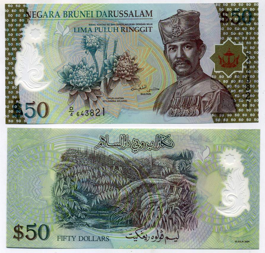 Бруней 50 ринггитов 2004 Султан Хассанал Болкиах I (1967-) Pick 28 пластик UNC (пресс) 451-394-3
