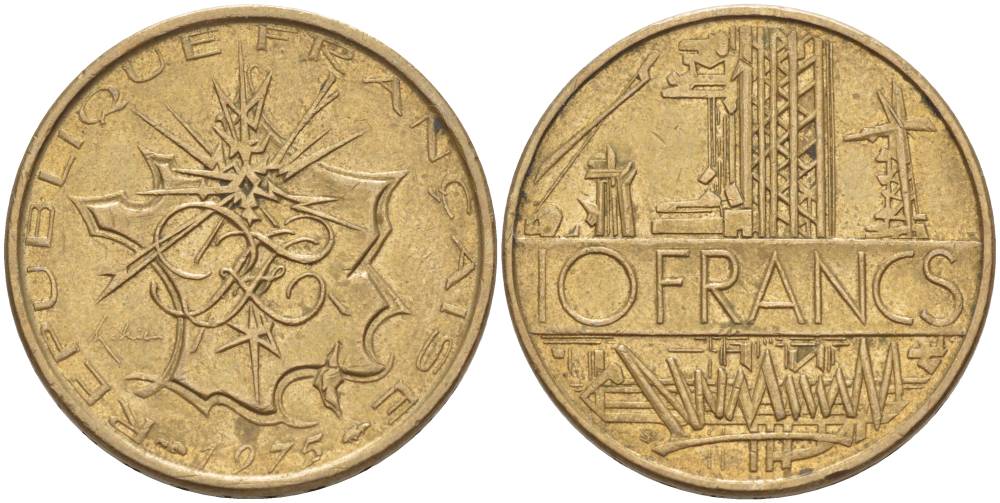 Франция 10 франков 1975 тип Матье KM 940, Le Franc 365.5-6 никель латунь 4545-926