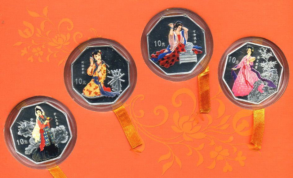 Китай набор из 4 монет по 10 юаней 2003 женщины Китая, сон в красном тереме, в оригинальной упаковке, с сертификатом серебро PROOF 14-01-04-06