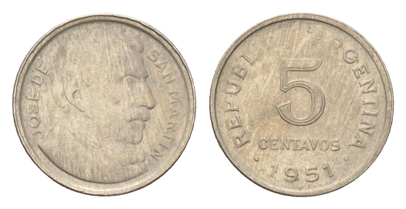 Аргентина 5 сентаво 1951 генерал Хосе де Сан Мартин KM 46 медно-никель 4664-155