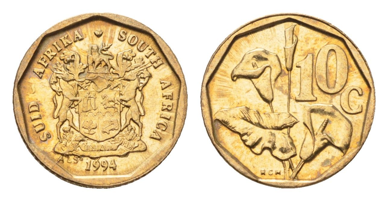ЮАР 10 центов 1994 герб, цветок алоэ KM 135 сталь плакированная бронзой UNC 4694-711