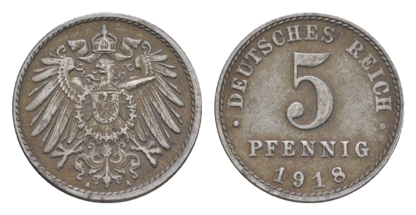 Германия 5 пфеннигов 1918 A KM 19, J. 297 железо плакированное цинком 4644-1116
