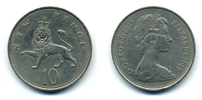 Великобритания 10 пенсов 1968 Елизавета II (1952-2022) KM 912, Spink 4231 (F1) медно-никель  4110-1036
