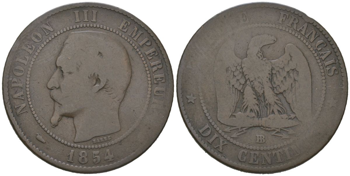 Франция 10 сантимов 1854 BB, Наполеон III (1852-1870) KM 771.3 бронза 4586-517