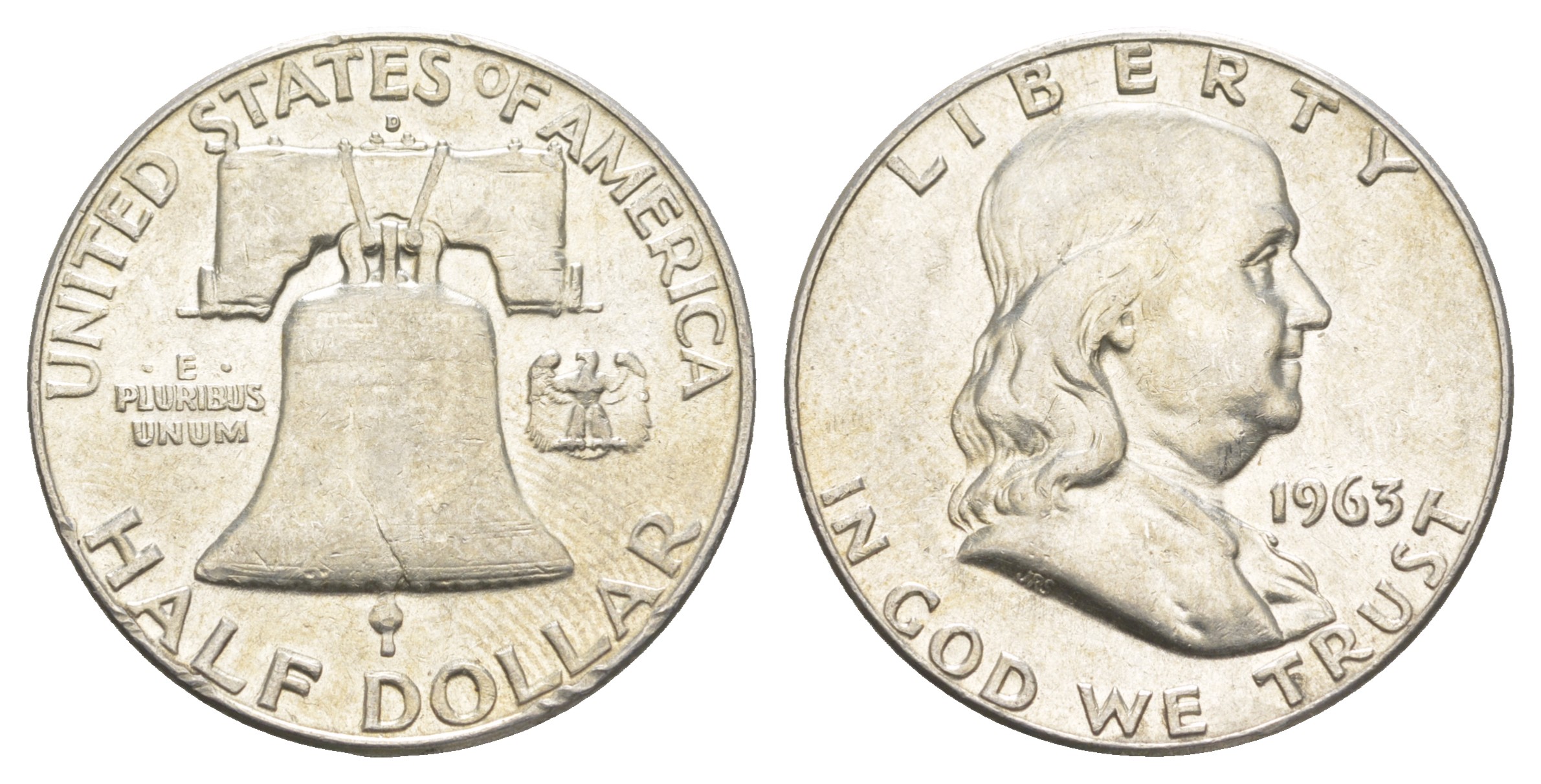 США 1/2 доллара (50 центов) 1963 Бенджамин Франклин, колокол KM 199 серебро  aUNC  4574-923