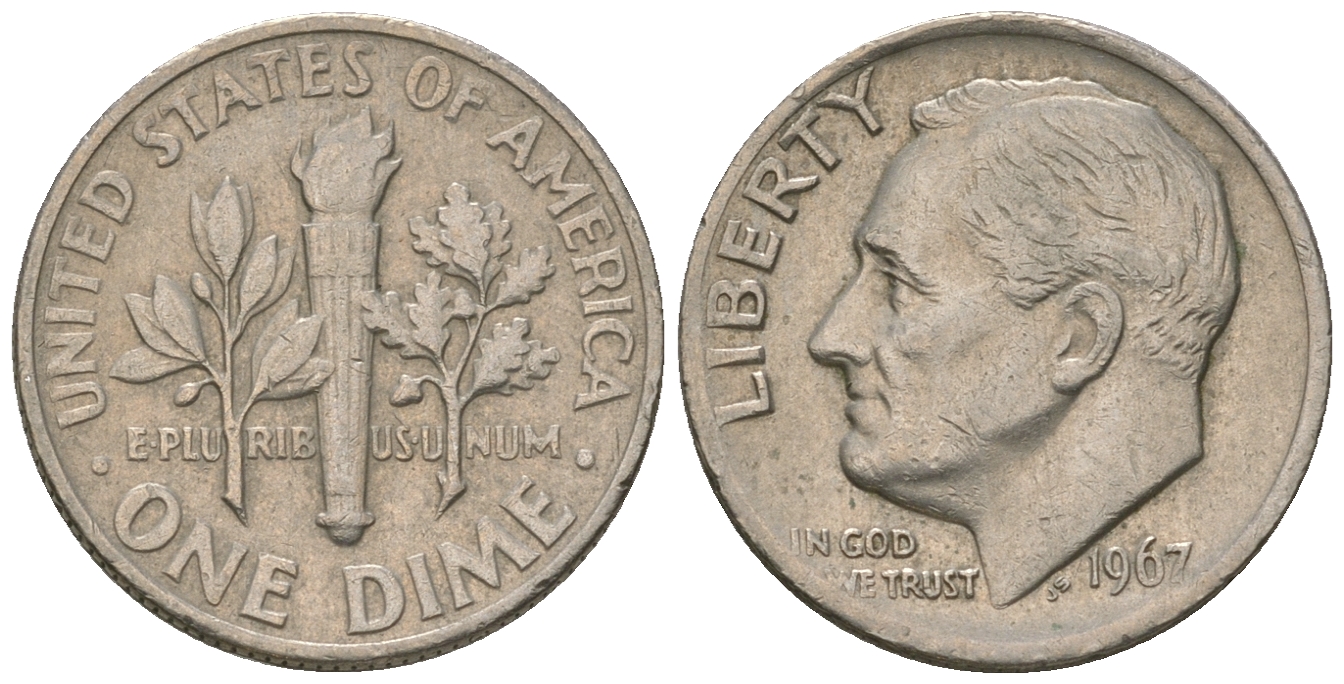 США 10 центов (дайм) 1967 Рузвельт KM 195a медь плакированная медно-никелем 3458-332