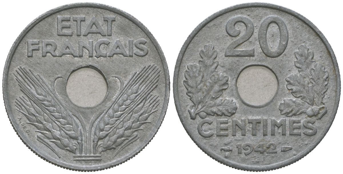 Франция 20 сантимов 1942 Правительство Виши KM 900 цинк aUNC 4616-833