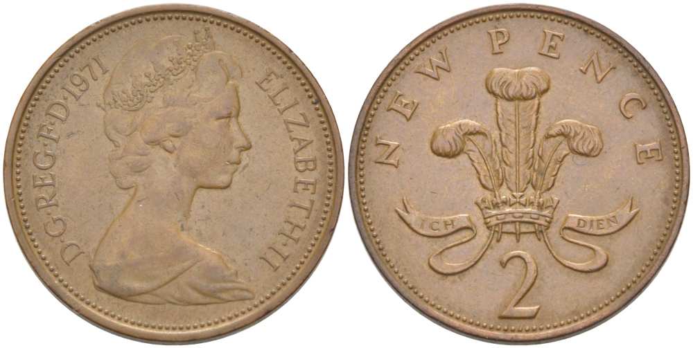 Великобритания 2 пенса 1971 Елизавета II (1952-2022) KM 916, Spink 4235 (C1) бронза 77-1023