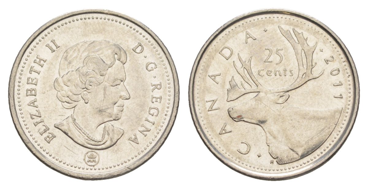 Канада 25 центов 2011 Leaf, Елизавета II (1952-2022), олень KM 2296 сталь плакированная никелем aUNC 4631-731