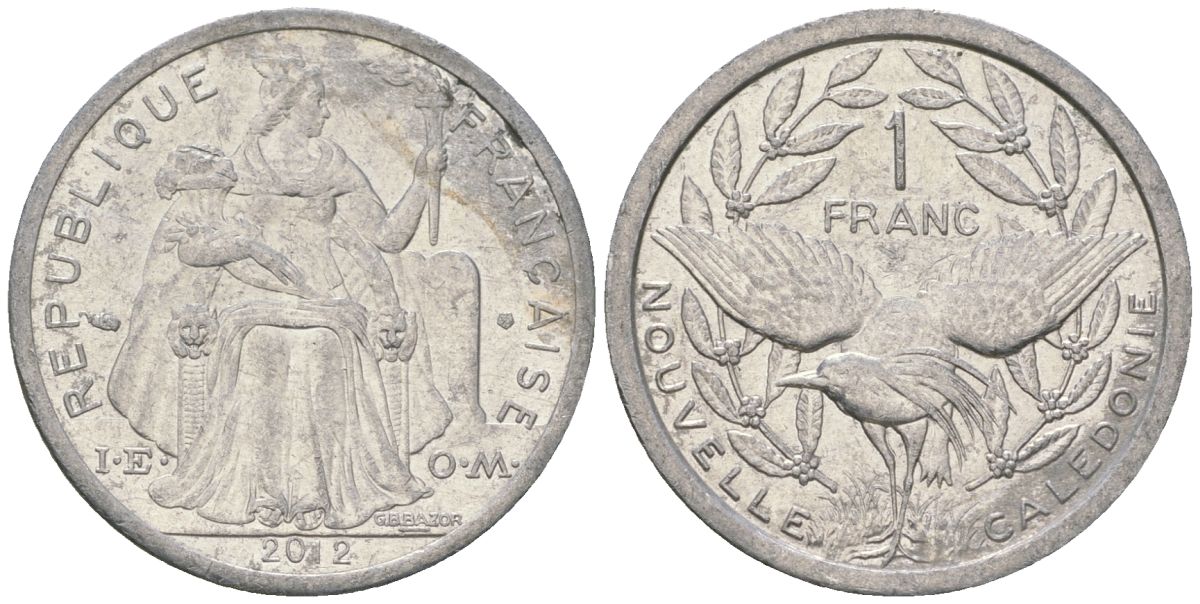 Французская Новая Каледония 1 франк 2012 птица кагу, (IEOM) KM 10, Schoen 10 алюминий 31-153