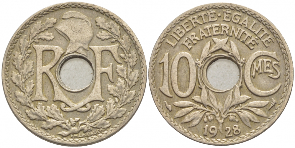 ФРАНЦИЯ 10 САНТИМОВ 1928 ТИП ЛИНДАЙЁ KM 866а медно-никель 4448-224