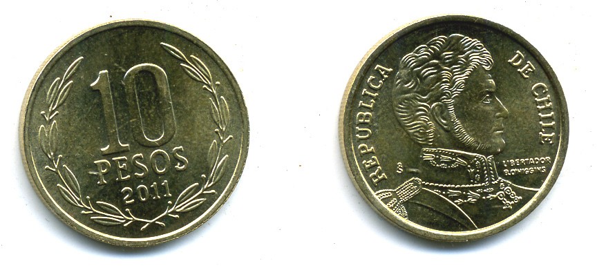ЧИЛИ 10 ПЕСО 2011 ГЕНЕРАЛ БЕРНАРДО О ХИГГИНС KM 228.2 никель-бронза 37-1124