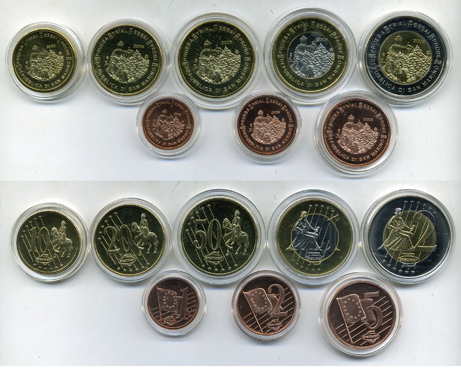 САН-МАРИНО НАБОР ИЗ 8 МОНЕТ 2005 ЕВРОПРОБНИКИ (крупный формат) СЕРТИФИКАТ КАПСУЛЫ, АРХИТЕКТУРА биметалл PROOF 06-081-15