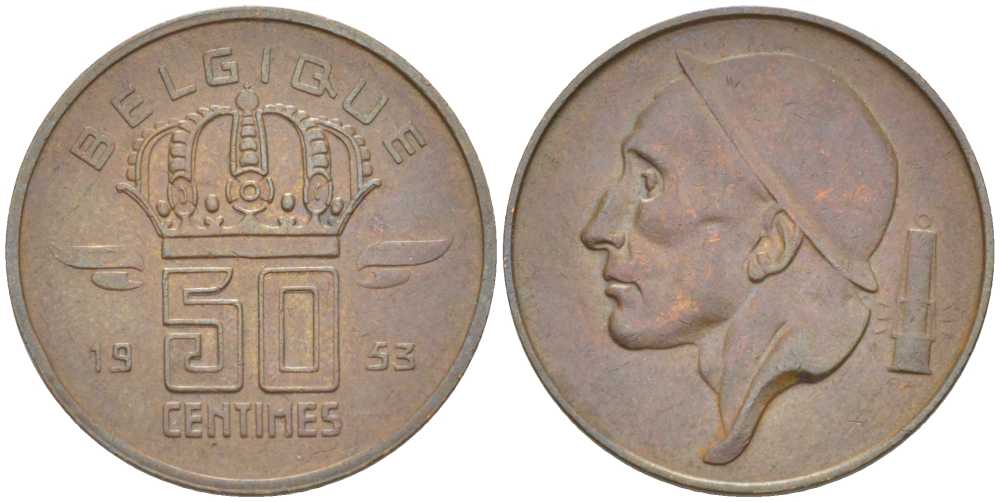 БЕЛЬГИЯ 50 САНТИМОВ 1953 BELGIQUE, БОДУЭН I (1951-1993) KM 144 бронза 206-162