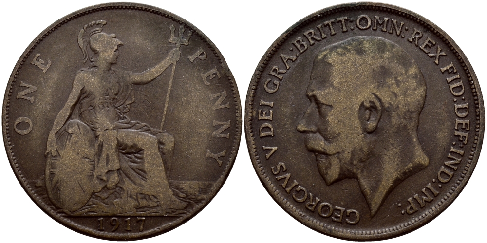 Великобритания 1 пенни 1917 Георг V (1910-1936) KM 810, Spink 4051 бронза 4607-634