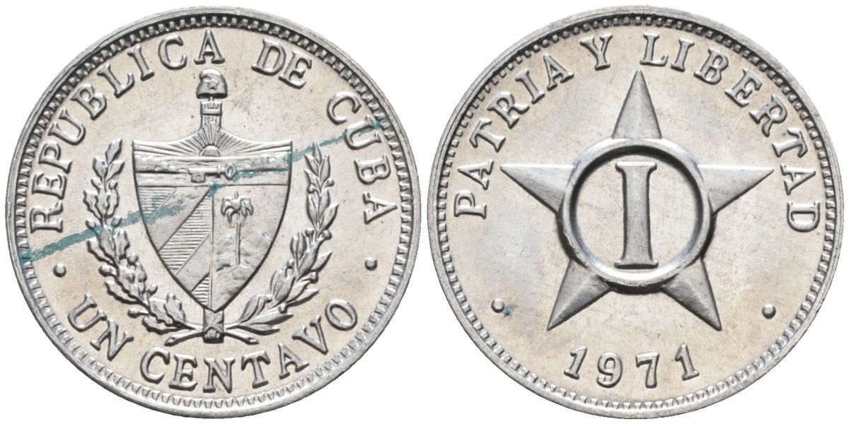 Куба 1 сентаво 1971 звезда, республика (1962-2018) KM 33.1 алюминий UNC 4516-234