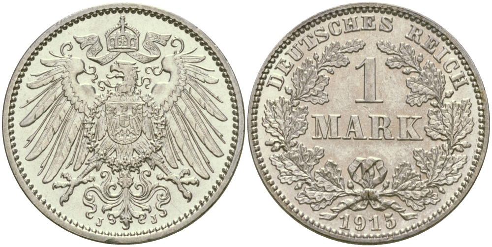 Германия 1 марка 1915 J Weege 18, J. 17, KM 14 серебро aUNC 98-1143