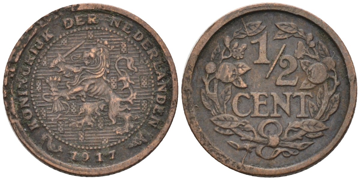 Нидерланды 1/2 цента 1917 Вильгельмина (1890-1948) KM 138 бронза 4576-369